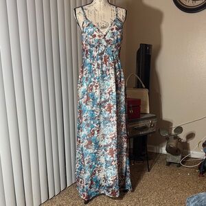 She's Cool Blue & Brown Floral Empire Maxi Dress
